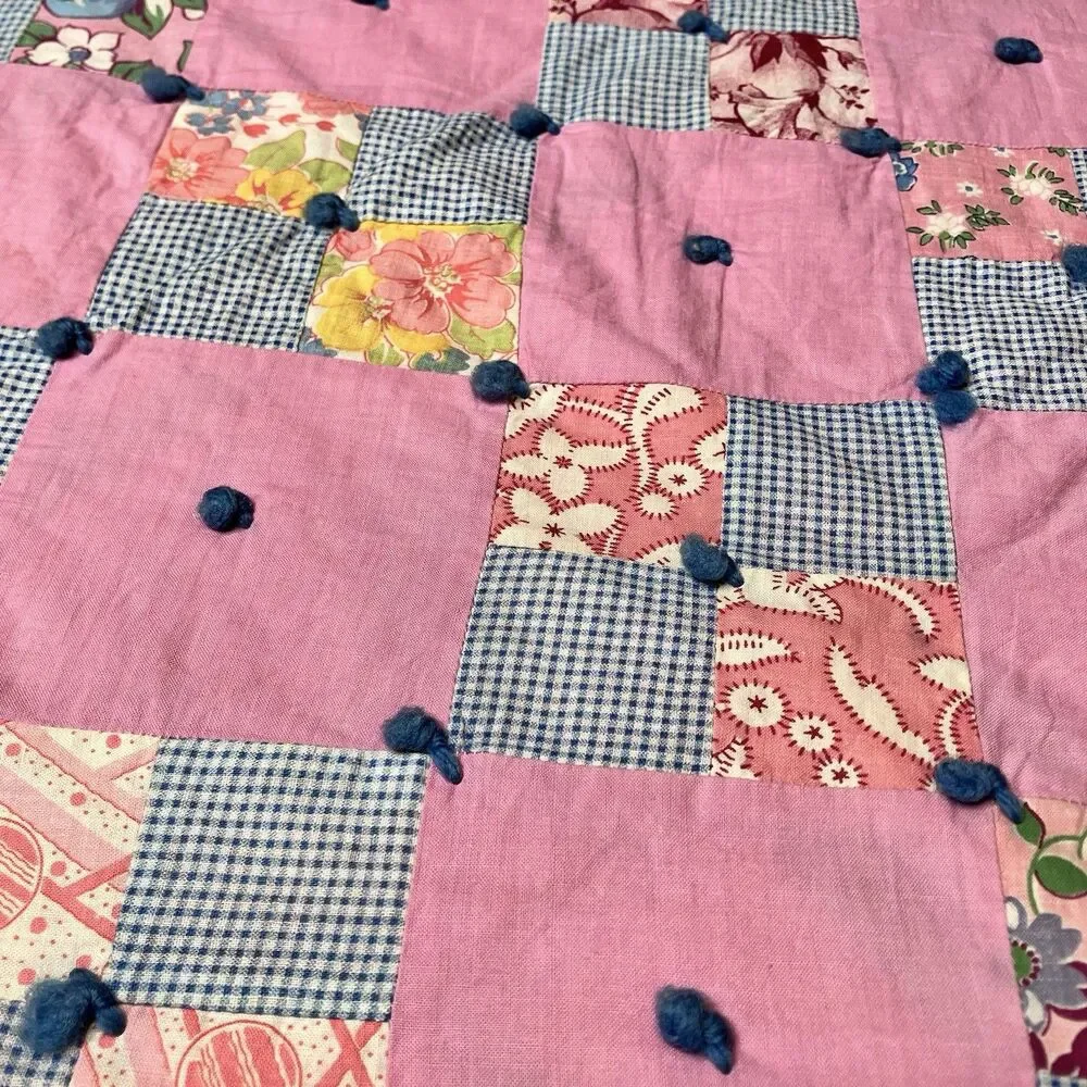 Vtg Handmade Baby Crib Quilt Blanket 48x48" Scrap Pink 4-Square Cotton Patchwork - Picture 4 of 9